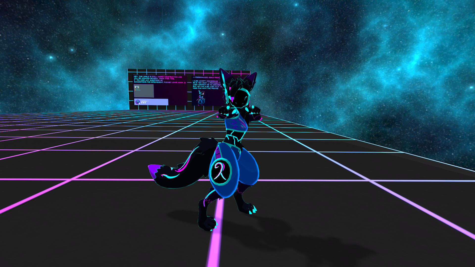 My first Protogen in the second version of my first vrchat world (lots of numbers) (03.2021)